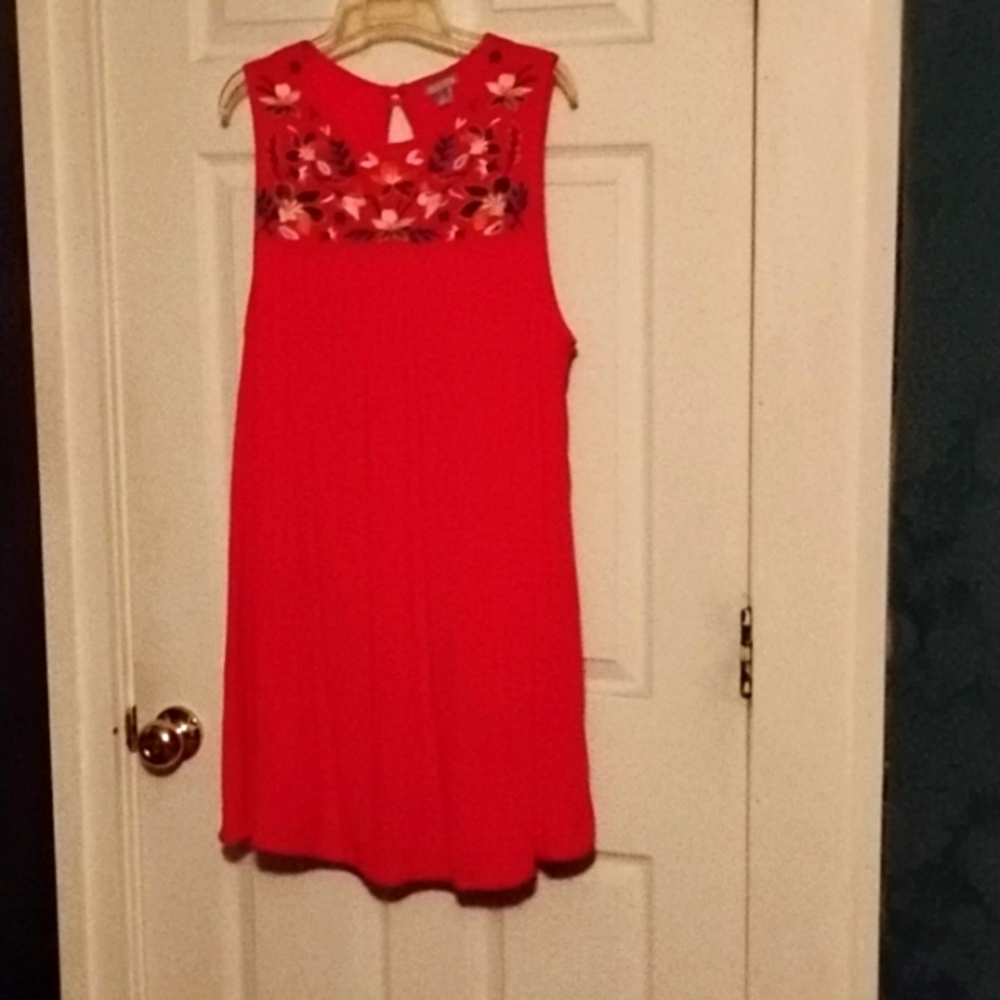 Falls Creek Red Sleeveless Dress with Floral Yoke